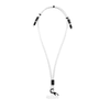 A white charging phone lanyard with black accents and multiple connector ends. Features a logo.