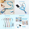 A blue adjustable charging lanyard in five colours, featuring connectors for fast charging and a logo.