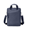 A navy blue business sling laptop bag with a zippered main compartment and a front pocket, featuring a logo.
