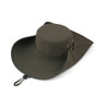 A wide-brim sun hat in olive green, featuring a round crown and adjustable cord, ideal for outdoor wear.