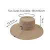 A wide-brim sun hat in a sandy colour with a circular design. Features measurement details for size options.