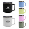 A collection of 450ML RCS recycled stainless steel coffee cups in black, blue, lime, pink, and white, with handles.