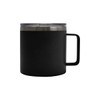 A black 450ML RCS recycled stainless steel coffee cup with a clear lid and a black handle. It has a logo on it.