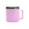 A pink 450ML RCS recycled stainless steel office coffee cup with a dark lid and a sturdy handle.