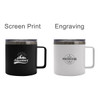 A drink bottle featuring a black mug with a logo and a white mug with engraved text. Both have handles and a metallic lid.