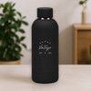 A drink bottle in matte black stainless steel with a logo design, featuring a rounded shape and insulated body.