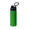 A drink bottle in bright green stainless steel with a black screw cap and carry handle.