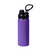 A drink bottle in purple with a black lid and carry handle, featuring a logo on the side.