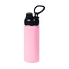 A drink bottle in pink stainless steel with a black cap and carry handle, featuring a brand logo.