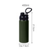 A drink bottle in dark green stainless steel with a black lid and carry handle, measuring 21.5 cm high.