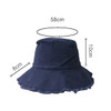 A navy blue bucket hat with a raw edge, featuring a wide brim and measurements displayed.