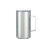 A stainless steel double wall mug with a handle and clear lid, featuring a sleek silver finish.