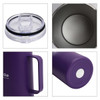 A double wall stainless steel mug with a purple exterior, clear lid, and handle. Features a smooth interior finish.