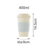 A 400ml BPA-free eco bamboo fibre coffee cup in a light beige colour with a blue silicone grip. Features a lid and branding.