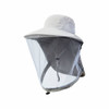 A lightweight beige hat with a transparent mesh face shield and a logo on the side.