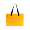 An orange clear tote bag with black handles, featuring a simple design and a logo.