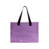 A purple clear tote bag with black handles, featuring a branding logo.