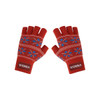 A pair of red fingerless gloves with blue and white snowflake patterns and a branding logo.