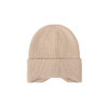 A beige earflap beanie with a ribbed texture and a foldable cuff, featuring a logo on the side.