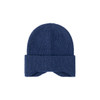 A ribbed earflap beanie in a navy blue colour, featuring a fold-over design. It has a simple logo on the side.