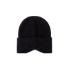 A black earflap beanie with a ribbed texture and a folded cuff. It features a logo on the side.