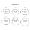 A diagram of six rolls of transparent packaging tape, each with different widths, all measuring 91m in length.