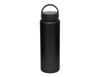 A drink bottle in matte black with a lid and a carry handle, featuring a logo on the body.