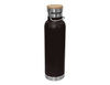 A drink bottle in dark brown with a bamboo lid and stainless steel base, featuring a metal handle.