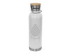 A drink bottle in white with a bamboo lid and stainless steel base, featuring a leaf design and logo.