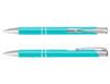 A metal pen in a vibrant turquoise colour, featuring silver accents and a sleek design.