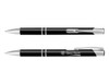 A metal pen in black with silver accents and a branding logo, featuring a sleek design.