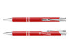 A set of red metal pens with silver accents, featuring a branding logo on one pen.