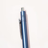 A blue ballpoint pen with a silver clip and a metallic finish, featuring a logo on the side.