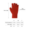 A pair of red knitted fingerless gloves with a woven label, featured in a size guide for children.