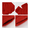 A pair of red knitted fingerless gloves, featuring a textured design and cut-off fingertips for easy movement.