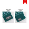 Two pairs of adult jacquard gloves in teal with patterned designs and woven labels, featuring two different label options.