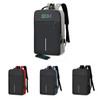 A laptop backpack in grey, featuring USB charging, with additional options in red, blue, and black. Includes a logo.