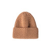 A twisted cable cuffed beanie in a warm brown colour, featuring a ribbed texture and a folded cuff.