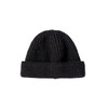 A round black beanie featuring a ribbed texture and a folded cuff at the bottom.