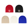A collection of beanies in red, black, beige, white, and blue, featuring a logo on some.