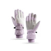 A pair of lavender ski gloves with a grey palm, featuring a wrist strap and elastic cuffs.