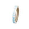 A roll of white BOPP packaging tape featuring a repeating blue logo pattern.