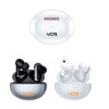 Active noise cancelling wireless earbuds in black and white, stored in a sleek charging case with a logo.