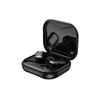 A pair of black open-ear headphones in a glossy charging case. The case has a sleek design with a logo visible.