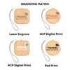 A promotional eco-friendly wireless charger with a wooden finish and various branding options displayed on it.