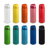A drink bottle in various colours including white, yellow, orange, pink, red, green, blue, and black, featuring a lid and branding.