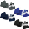 A beanie with a pom pom and a matching scarf set in grey, blue, navy, and black variations. Each set features striped detail.