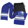 A blue scarf and beanie with pom pom, featuring white stripes, packaged in a black drawstring bag.