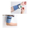 A blue mini wearable wallet on a person's arm, featuring a zippered pocket for cards or small items.