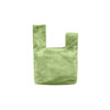 A soft, light green Velvet Knot Wrist Bag with a unique handle design. It has a subtle texture and a logo.